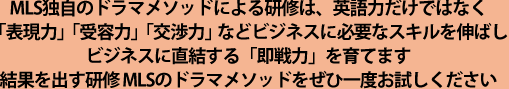 MLS独自のドラマメソッドによる研修は、英語力だけではなく「表現力」「受容力」「交渉力」などビジネスに必要なスキルを伸ばしビジネスに直結する「即戦力」を育てます結果を出す研修 MLSのドラマメソッド<sup>®</sup>をぜひ一度お試しください